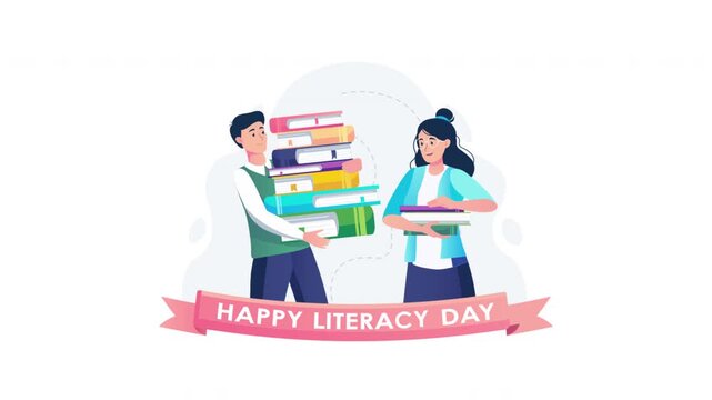 Dynamic animation featuring a man and a woman collaboratively carrying a towering stack of books, representing shared knowledge, learning, and celebrating literacy awareness