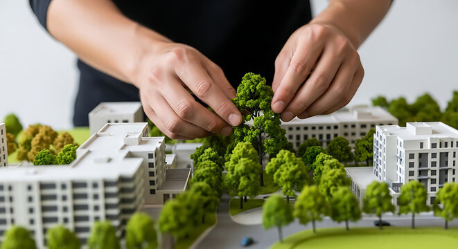 Architect's hands placing a miniature tree into a detailed architectural model of a green city, emphasizing sustainable urban planning.