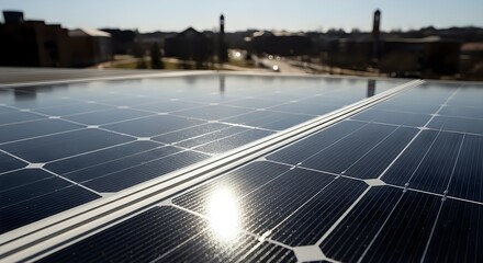 Sunlight reflecting on photovoltaic solar energy panels.