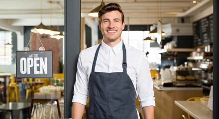 Smiling Male Barista at Cafe Entrance with We're Open Sign, Welcoming Customers