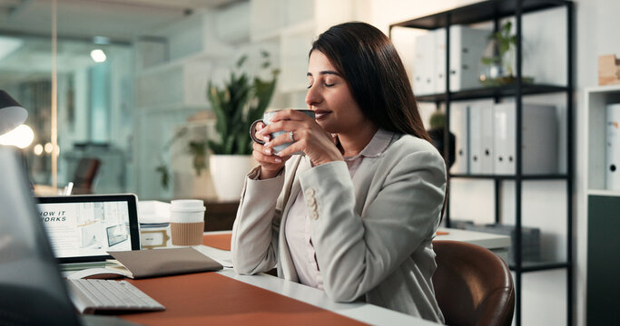 Calm, drink or businesswoman in office with coffee cup, satisfied or reflection in morning routine. Smile, aroma or Indian employee in agency with mug, mood improvement or mindfulness at start of day