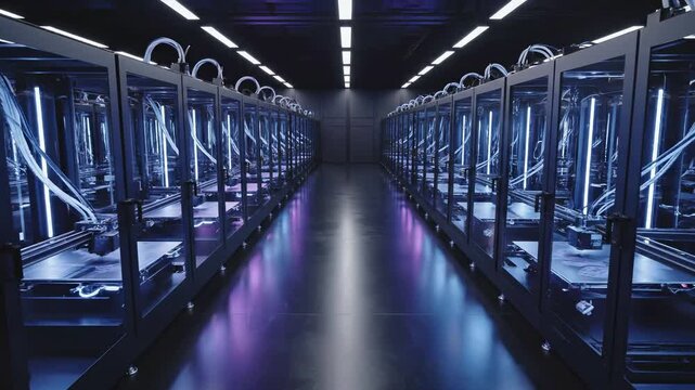 Rows of advanced 3D printers in a modern, high-tech facility. Digital manufacturing, automation, and innovative production processes with glowing blue and white lights.