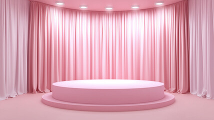 3d render of an empty stage with pink curtains and white lights on the podium, front view, flat lay background, pastel colors. Ai generated
