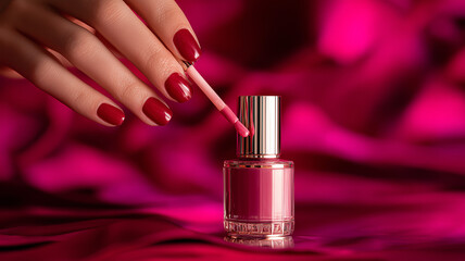 A close-up of a hand with red nails, applying pink nail polish from an elegant bottle to one finger on the left hand. Ai generated