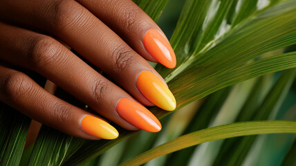 A close-up of the hand with bright orange and yellow gradient nail polish on the fingernails, showcasing their elegant shape against the green leaves. Ai generated
