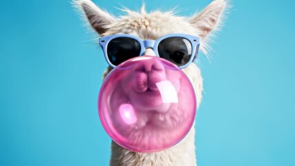 Relaxed individual wearing sunglasses and chewing gum sits in front of bright blue background blowing bubbles with pink bubble floating in mid air, capturing the carefree spirit and laid back.