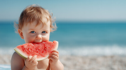 A cute little baby eating watermelon on the beach, holding up their slice of juicy red melon with an expression that shows they are enjoying it very much. Ai generated