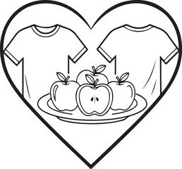 Healthy Lifestyle Heart Vector – Apples and T-Shirts Outline Symbol of Fitness and Nutrition