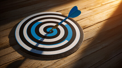 A dart's target with a blue arrow hitting the center on a wooden wall. Ai generated