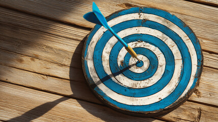 A dart's target with a blue arrow hitting the center on a wooden wall. Ai generated