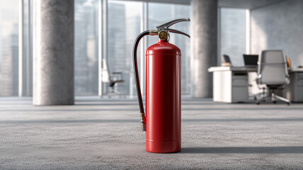 A fire extinguisher in an office, on the floor of gray concrete with a background of modern minimalist interior design. Ai generated