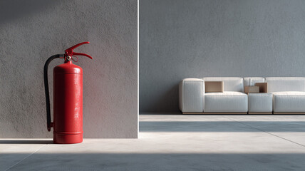 A fire extinguisher in an office, on the floor of gray concrete with a background of modern minimalist interior design. Ai generated