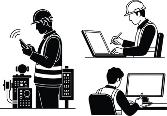 Engineers planning construction project with laptops and smart devices