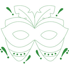 Elegant Green Outline Venetian Masquerade Mask with Feather Details and Decorative Accents on Transparent Background