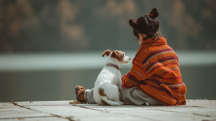 A little girl in an orange and red striped shirt is playing with her small dog on the floor of white tiles. Ai generated