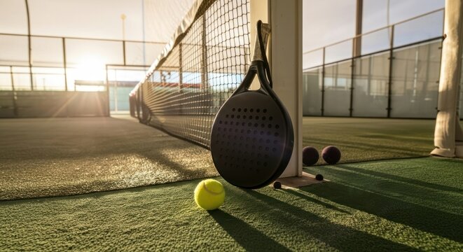 Padel racket and yellow ball on a padel tennis court with a fence, bathed in golden sunset light with lens flare and long shadows.