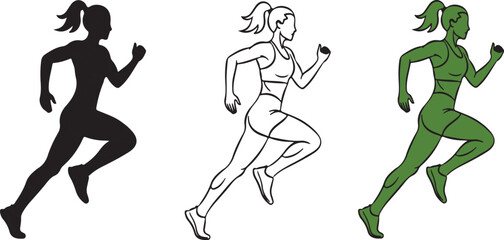 Female Running Silhouette Outline Vector – Black, White, and Green Fitness Illustration
