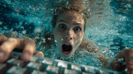 A photo of an attractive woman swimming in a pool, reaching out to press a key on her keyboard. Ai generated