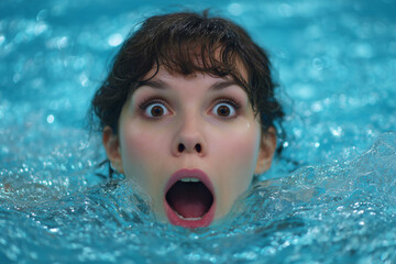 A photo of an extremely shocked young woman swimming in a pool, her mouth open and an expressionless look on her face. Ai generated