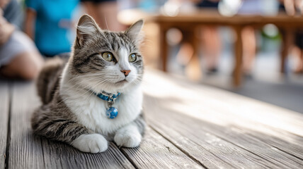 A small cute cat with white and grey fur is sitting on the floor of an outdoor table, wearing blue collar tag around neck. Ai generated