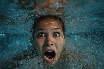 A photo of an extremely shocked young woman swimming in a pool, her mouth open and an expressionless look on her face. Ai generated