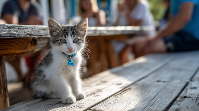 A small cute cat with white and grey fur is sitting on the floor of an outdoor table, wearing blue collar tag around neck. Ai generated