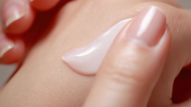 A dollop of pale pink lotion spread on the back of a hand.