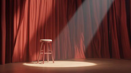 A stand-up comedy stage with red curtains, a spotlight on the stool in front of it, in a cartoon style with a simple background. Ai generated