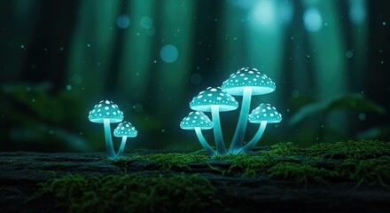 Group of glowing bioluminescent mushrooms with blue caps lights up a dark enchanted forest floor at night