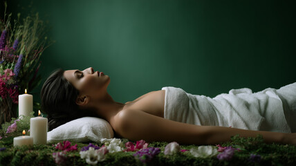 A woman lies on her back with a white towel wrapped around her waist, against a green background with flowers and candles nearby. Ai generated