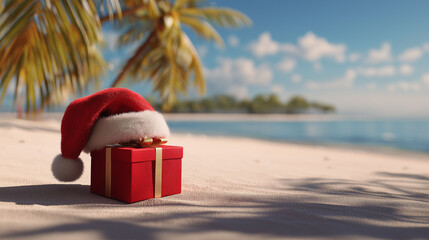 Christmas on the beach with santa hat and gift box. a festive Christmas scene with a santa hat and gift box on a sandy beach under palm tree and a beautiful sea.