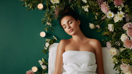 A woman lies on her back with a white towel wrapped around her waist, against a green background with flowers and candles nearby. Ai generated