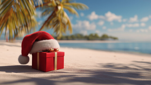 Christmas on the beach with santa hat and gift box. a festive Christmas scene with a santa hat and gift box on a sandy beach under palm tree and a beautiful sea.