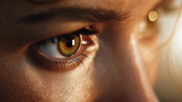 Close-up of a brown eye with long lashes, warm sunlight catching the iris.
