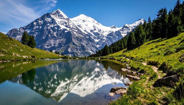 Scenic alpine panorama featuring a snow-capped mountain range, and a lake