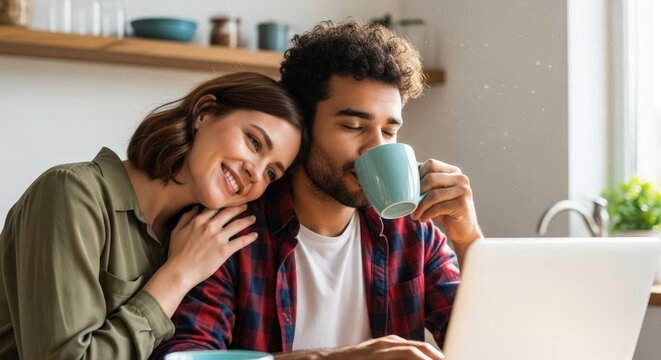 Happy young couple enjoying morning coffee and working on laptop together in their cozy kitchen