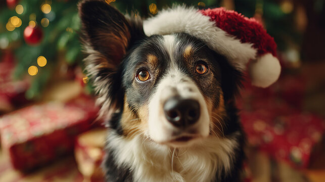 A delightful dog in Santa's hat, sits patiently beside a decorated Christmas tree with wrapped gifts, capturing the festive spirit and cheer.