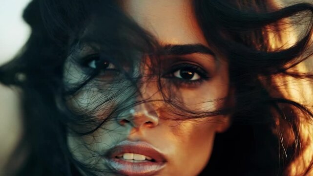 Close-up of a woman with wind-blown hair across her face, an intense gaze, with warm sunlight on her lips.