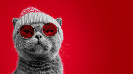 A fashionable cat, complete with stylish red sunglasses and a matching knitted hat, exudes an air of cool confidence against a vibrant red backdrop.