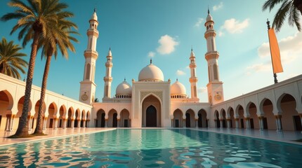 Beautiful mosque with reflecting pool and palm trees under a blue sky