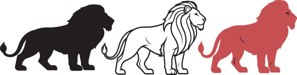 Three lion vector silhouettes design, black red white minimal wildlife outline illustration
