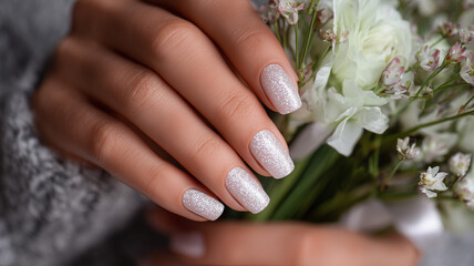 Fototapeta premium Beautiful woman's hands with a white glitter manicure on a gray background, close-up of the hand and nail design in an elegant setting. Ai generated