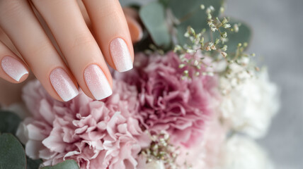 Fototapeta premium Beautiful woman's hands with a white glitter manicure on a gray background, close-up of the hand and nail design in an elegant setting. Ai generated