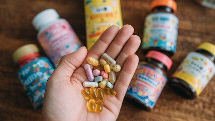 Close-up of a hand holding multivitamin and anime-themed pills, various colorful sleeping and healthy supplement bottles. Ai generated