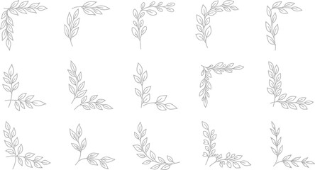Leaf Corner Border Collection Delicate Gray Botanical Frames on Transparent Background