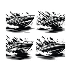Four Speedboat Illustrations in Black and White with Water Wake