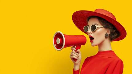 A woman with vibrant outfit confidently conveys a powerful message of promotion with a megaphone against a backdrop of eye-catching bright yellow color, inviting intrigue and sparking interest.