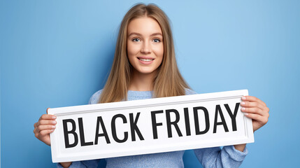A cheerful woman unveils a BLACK FRIDAY sign against a bold blue backdrop, embodying the anticipation of savings.