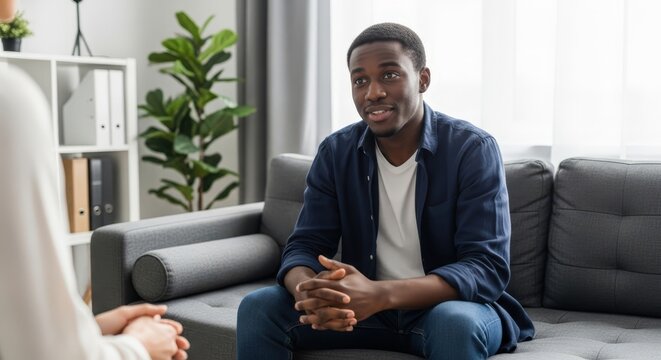 Young African American man talking with a therapist in a modern, bright office during the day 