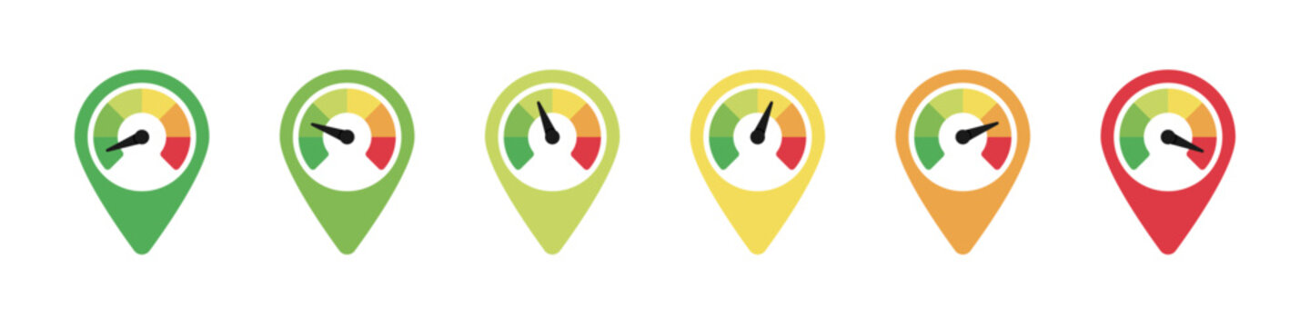 Gauge scale meter in location. Level meter vector set. Green to red score measurement panel set.